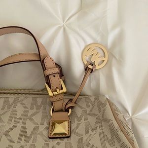 Authentic Michael Kors Grayson Bowler Bag Beige White MK Print Logo Signature